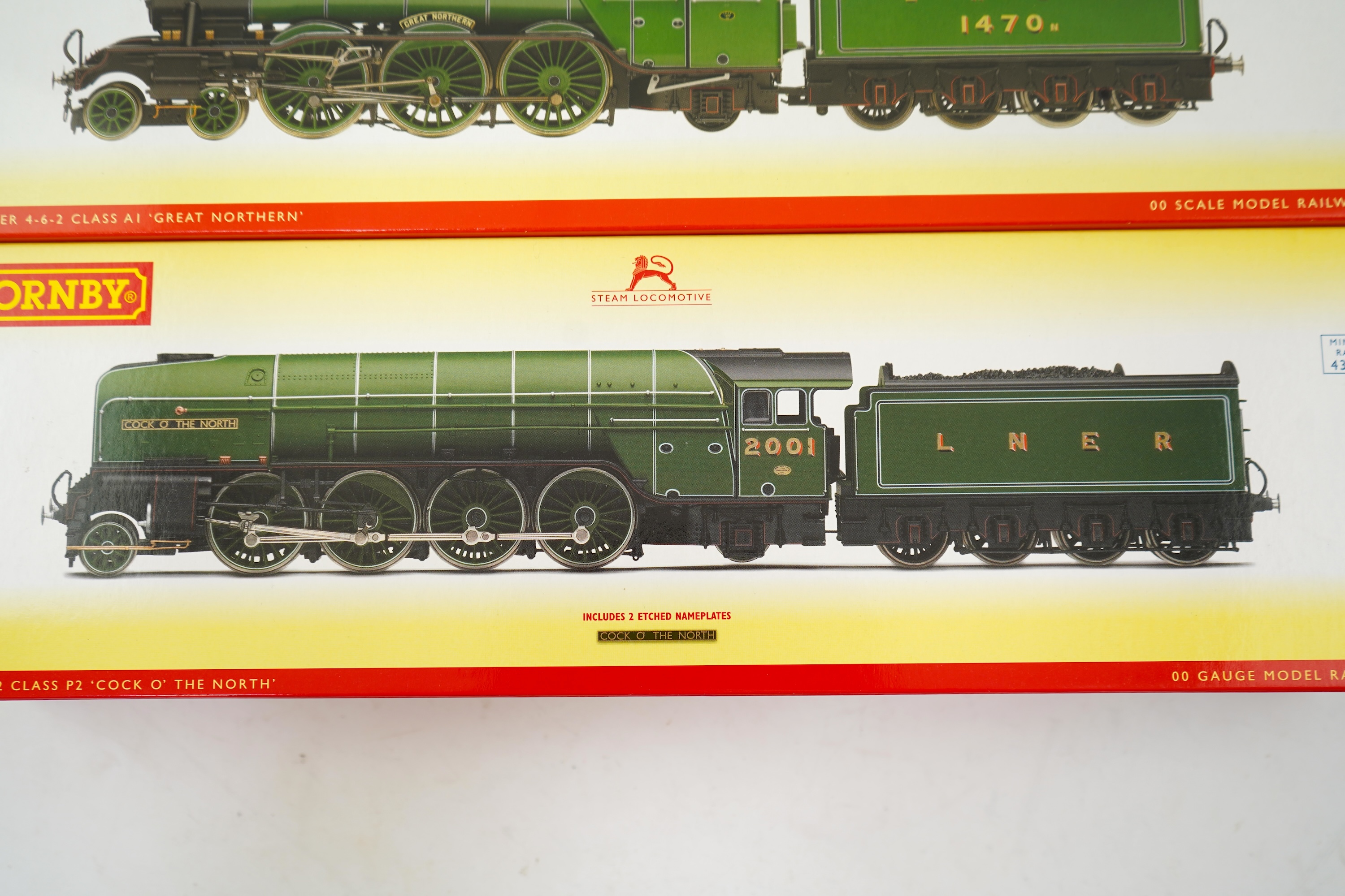 Two boxed Hornby Hobbies 00 gauge railway LNER tender locomotives; a class A1, Great Northern 1470, (R2405), together with a class P2, Cock O the North 2001, (R3207)